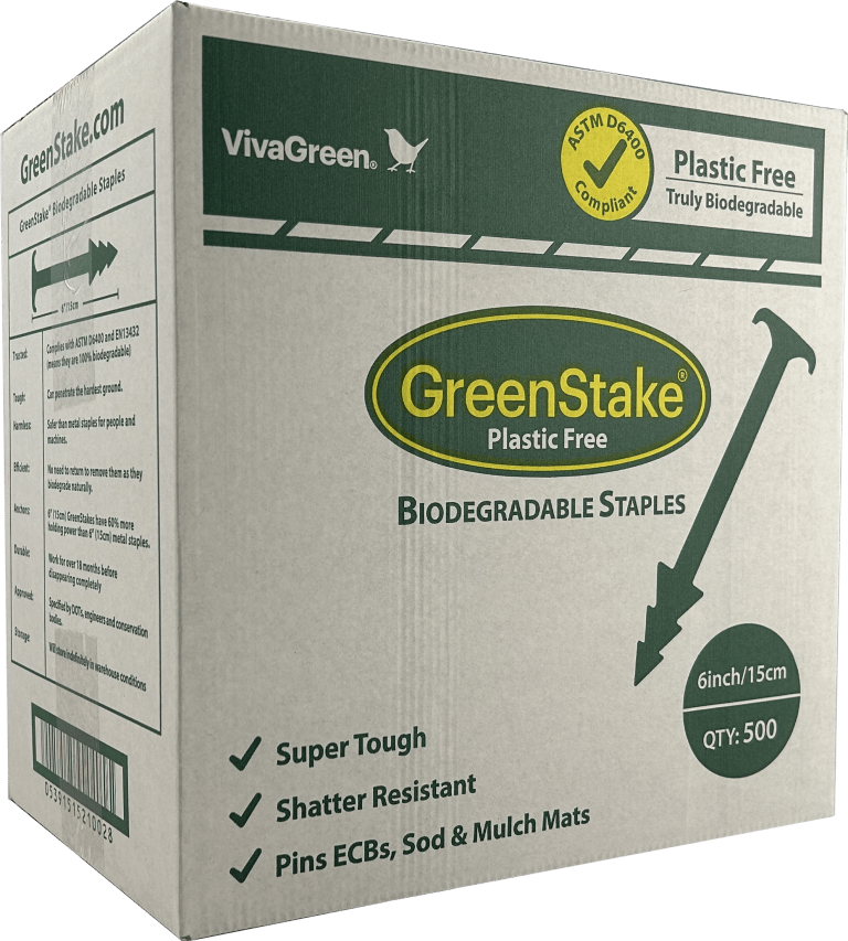 GreenStake biodegradable landscape staples in retail packaging